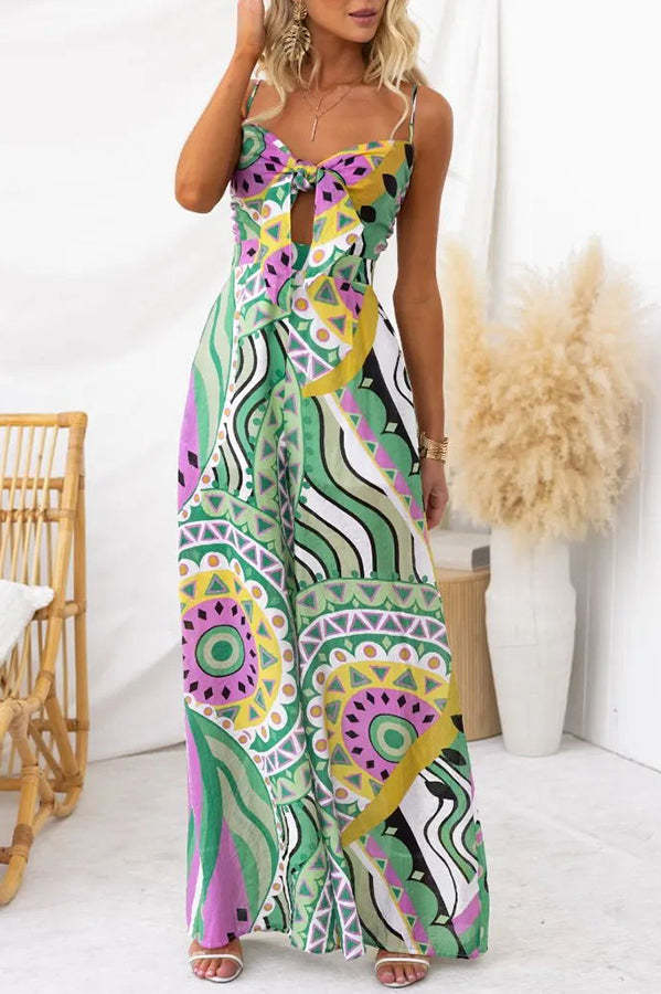 Sun Dazed Creative Print Bust Tie-up Pocketed Wide Leg Jumpsuit
