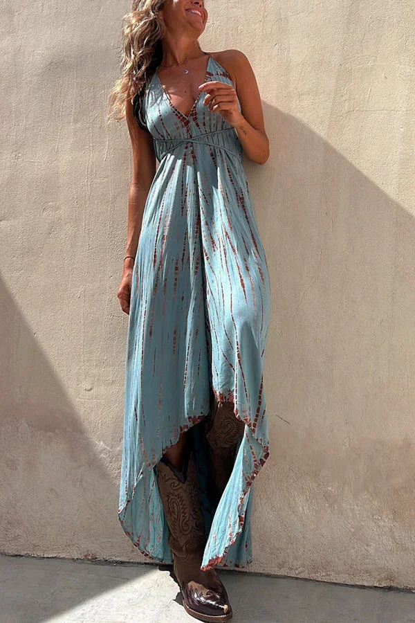 Claire Tie-dye Print Halter Lace-up High Low Maxi Dress