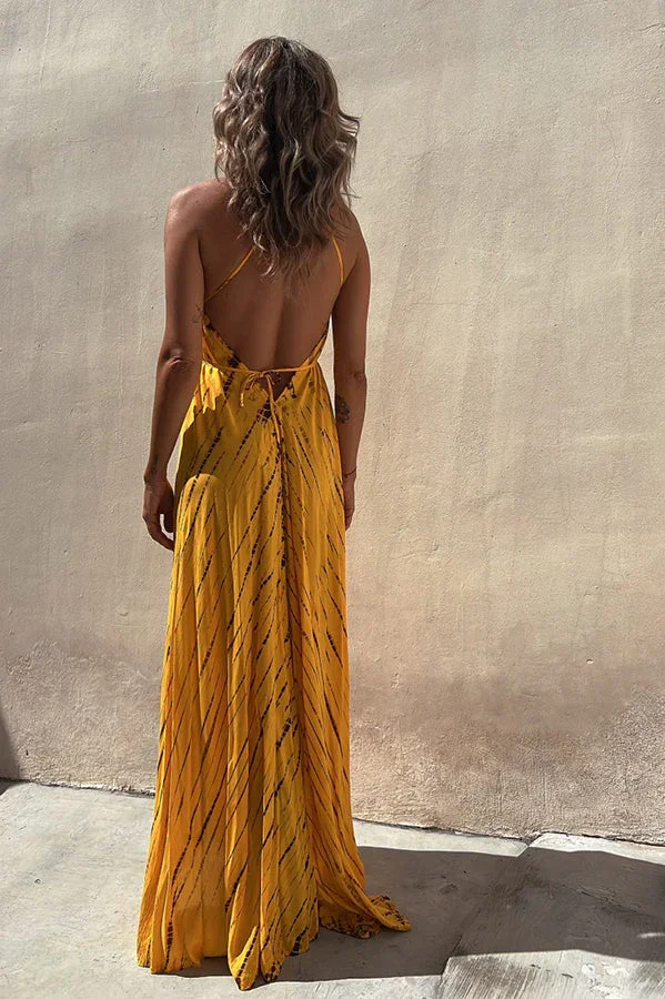 Claire Tie-dye Print Halter Lace-up High Low Maxi Dress