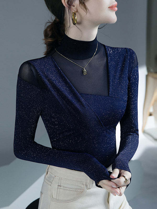 Long Sleeves Skinny Asymmetric Mesh See-Through Shiny Split-Joint Half Turtleneck Blouses&Shirts Tops