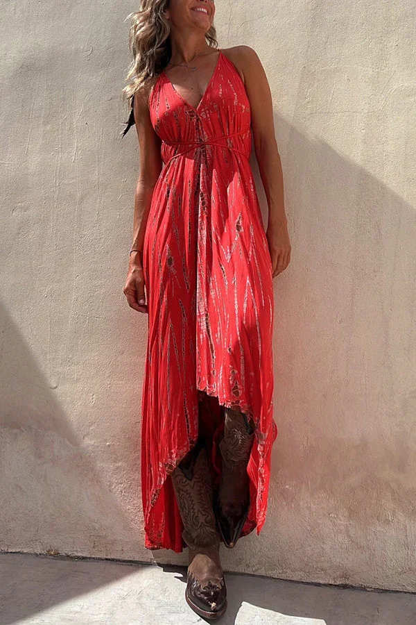 Claire Tie-dye Print Halter Lace-up High Low Maxi Dress