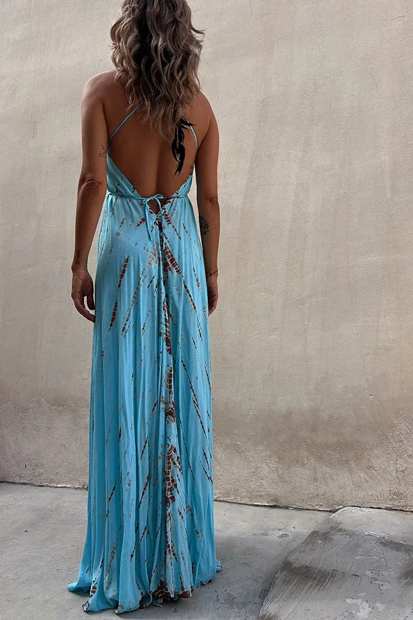 Claire Tie-dye Print Halter Lace-up High Low Maxi Dress