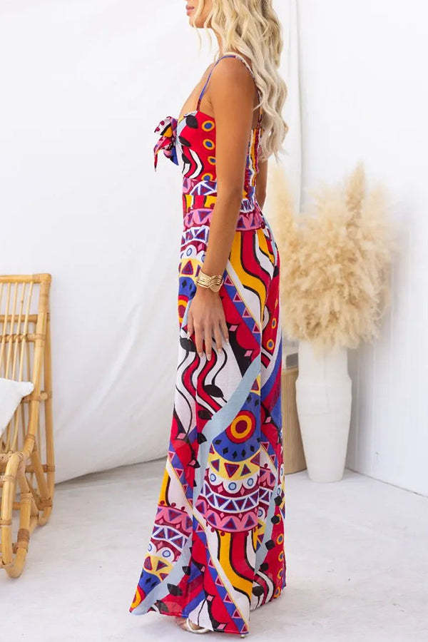 Sun Dazed Creative Print Bust Tie-up Pocketed Wide Leg Jumpsuit