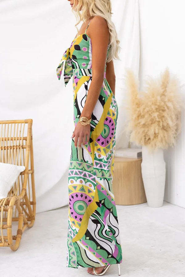 Sun Dazed Creative Print Bust Tie-up Pocketed Wide Leg Jumpsuit