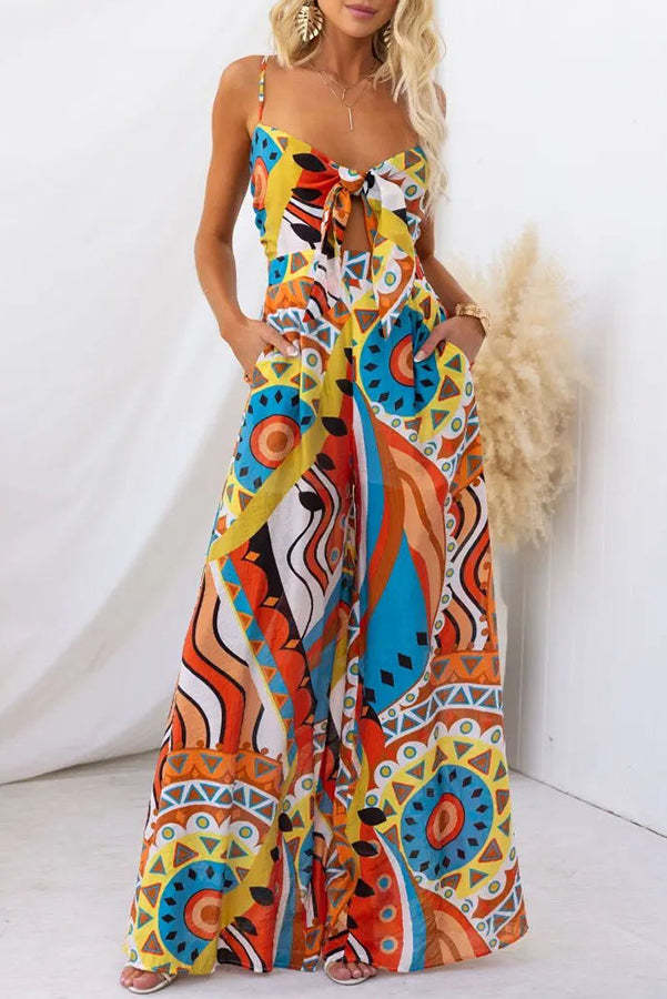 Sun Dazed Creative Print Bust Tie-up Pocketed Wide Leg Jumpsuit