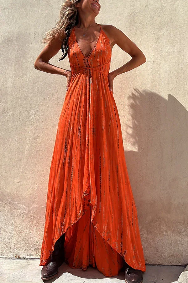 Claire Tie-dye Print Halter Lace-up High Low Maxi Dress