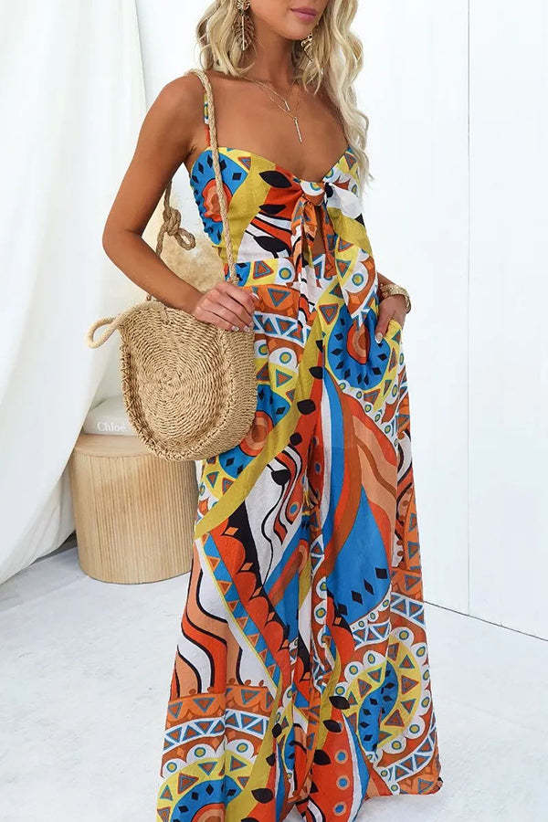 Sun Dazed Creative Print Bust Tie-up Pocketed Wide Leg Jumpsuit