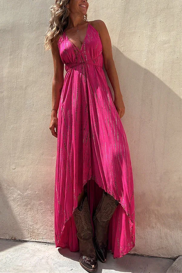 Claire Tie-dye Print Halter Lace-up High Low Maxi Dress