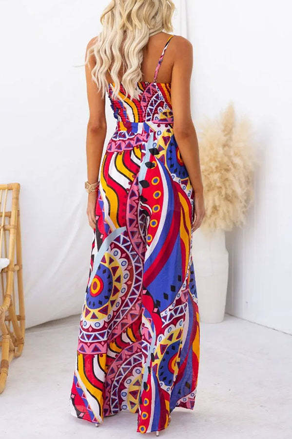 Sun Dazed Creative Print Bust Tie-up Pocketed Wide Leg Jumpsuit