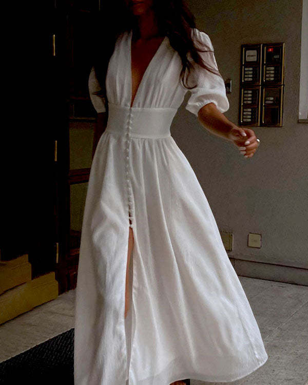 Elegant puff sleeve slit mesh dress