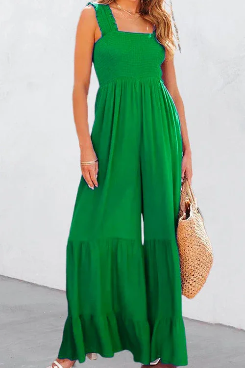 Smocked Wide Straps Ruffle Hem Wide Leg Jumpsuit