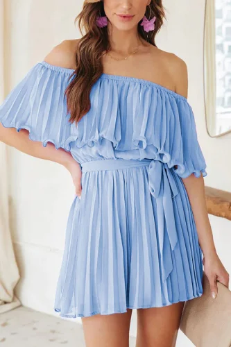 First Lady Pleated Off The Shoulder Belt Romper