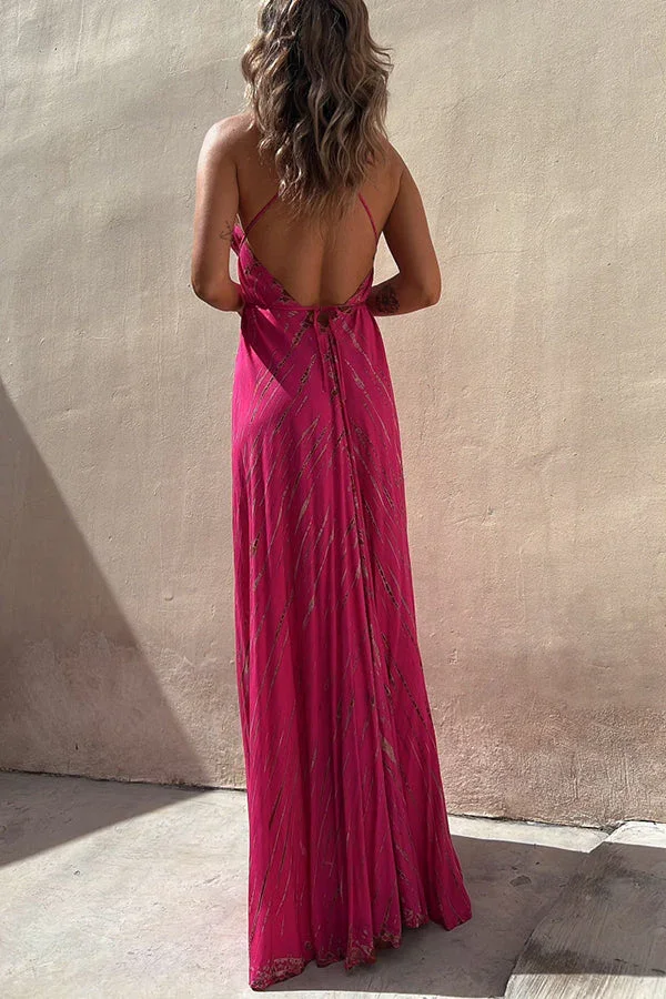 Claire Tie-dye Print Halter Lace-up High Low Maxi Dress