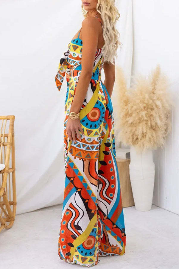 Sun Dazed Creative Print Bust Tie-up Pocketed Wide Leg Jumpsuit