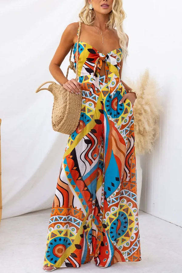 Sun Dazed Creative Print Bust Tie-up Pocketed Wide Leg Jumpsuit