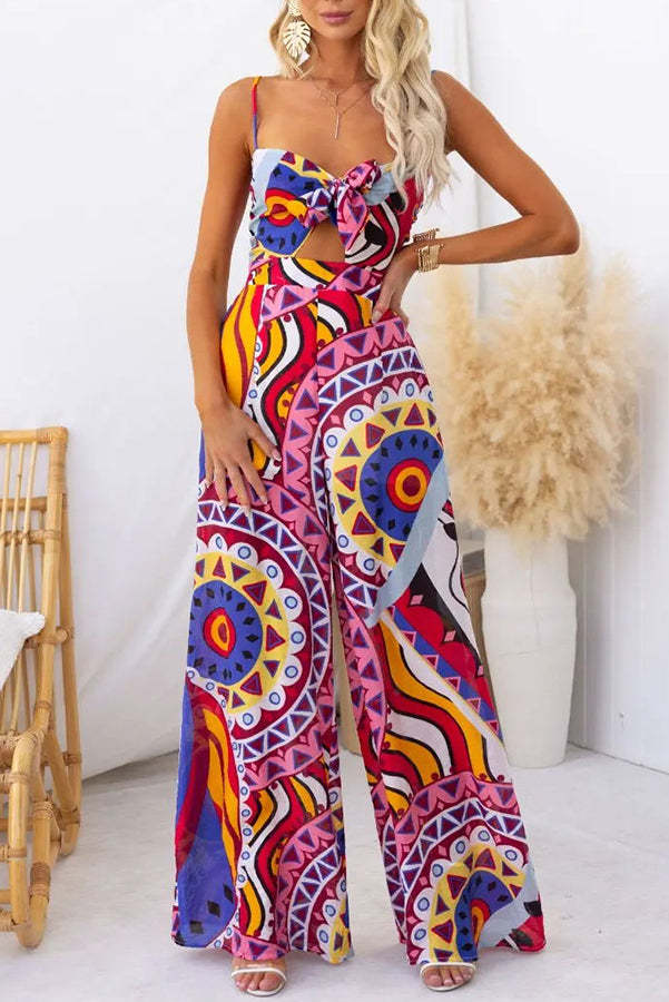 Sun Dazed Creative Print Bust Tie-up Pocketed Wide Leg Jumpsuit