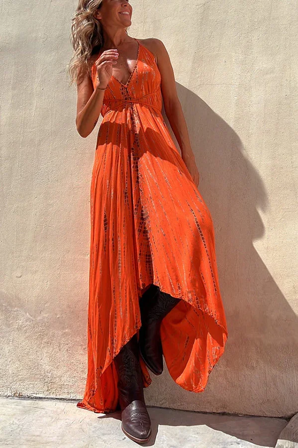 Claire Tie-dye Print Halter Lace-up High Low Maxi Dress