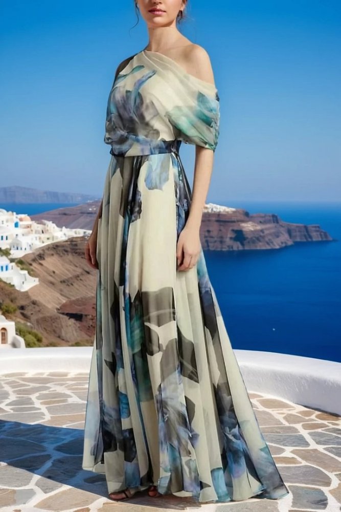 French Asymmetrical Print Chiffon Maxi Dresses Summer