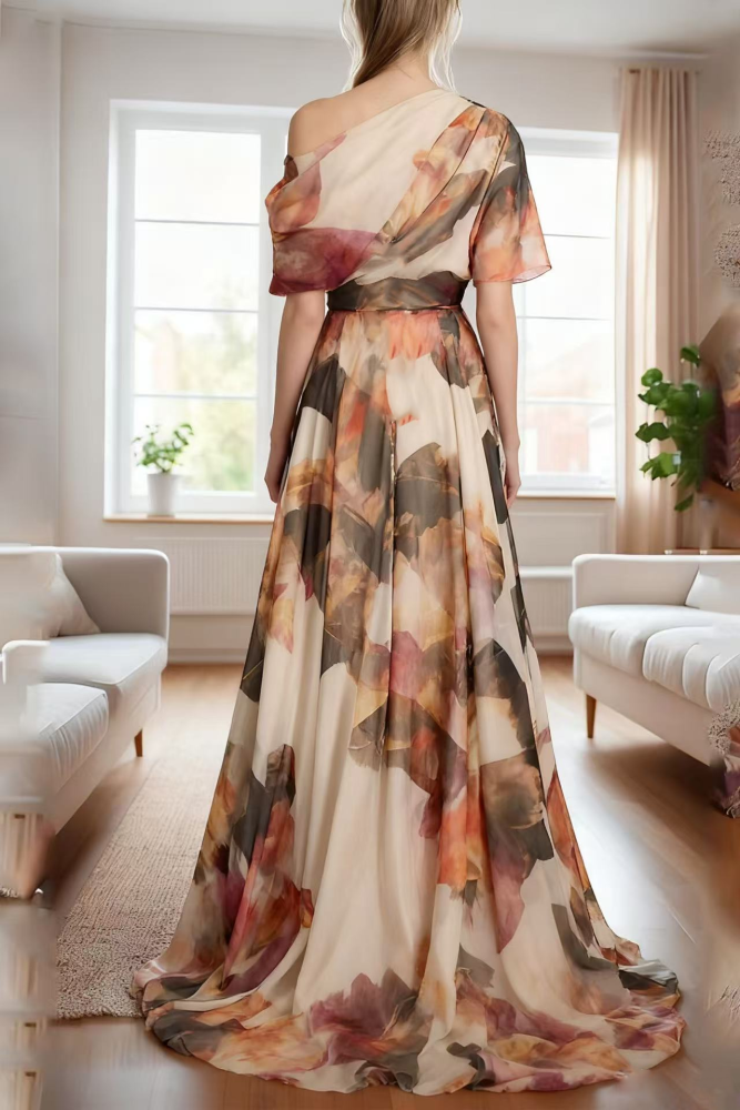 French Asymmetrical Print Chiffon Maxi Dresses Summer