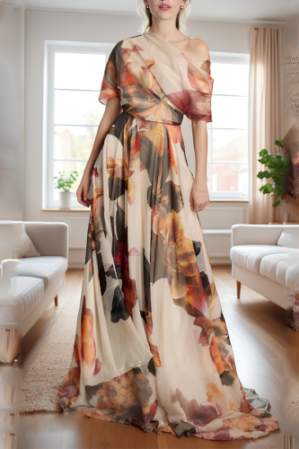 French Asymmetrical Print Chiffon Maxi Dresses Summer