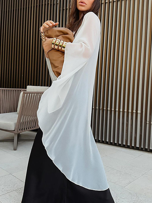 Capelet High-Low See-Through Solid Color Round-Neck Blouses&Shirts Tops