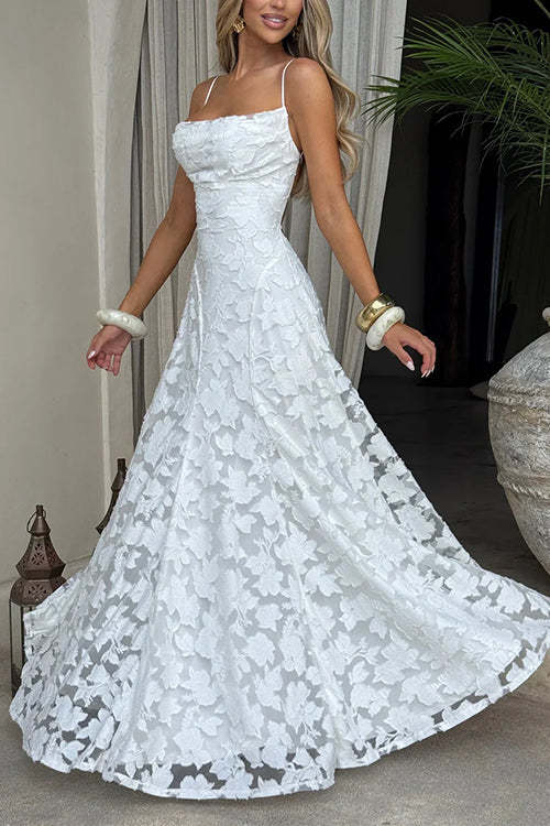 Spaghetti Strap Backless Lace-up Jacquard Maxi Dress