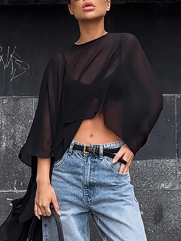 Capelet High-Low See-Through Solid Color Round-Neck Blouses&Shirts Tops