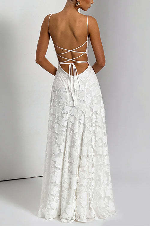Spaghetti Strap Backless Lace-up Jacquard Maxi Dress