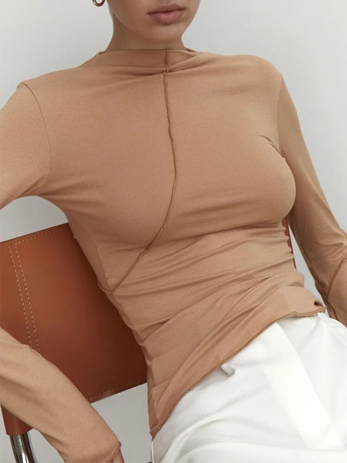 Splice Slim Fit Long Sleeve Spring Autumn Fashion Chic Half Turtleneck Basic T-shirt
