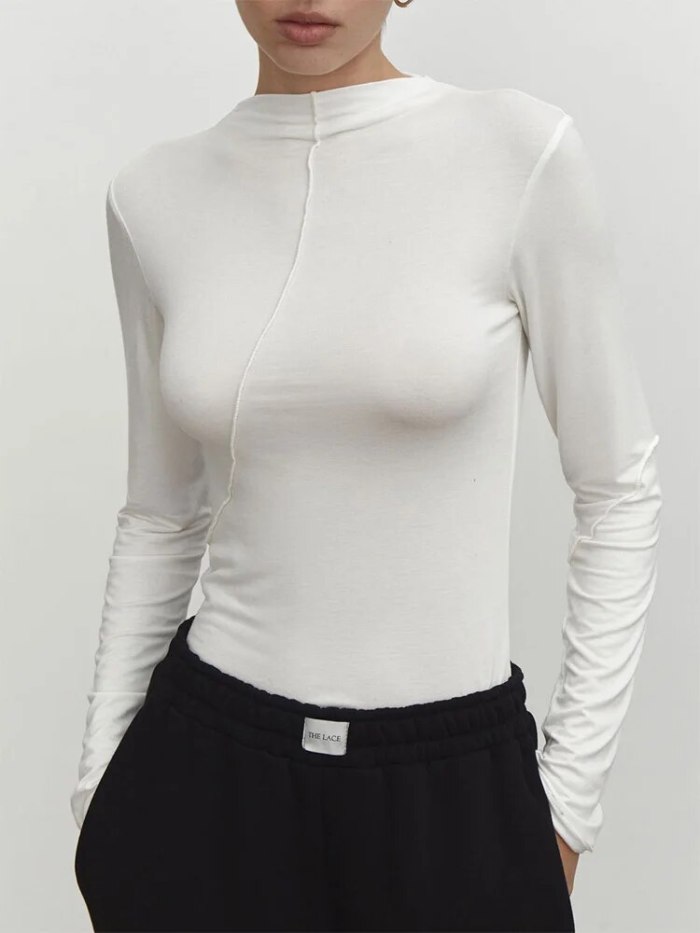 Splice Slim Fit Long Sleeve Spring Autumn Fashion Chic Half Turtleneck Basic T-shirt