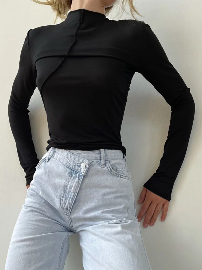 Splice Slim Fit Long Sleeve Spring Autumn Fashion Chic Half Turtleneck Basic T-shirt