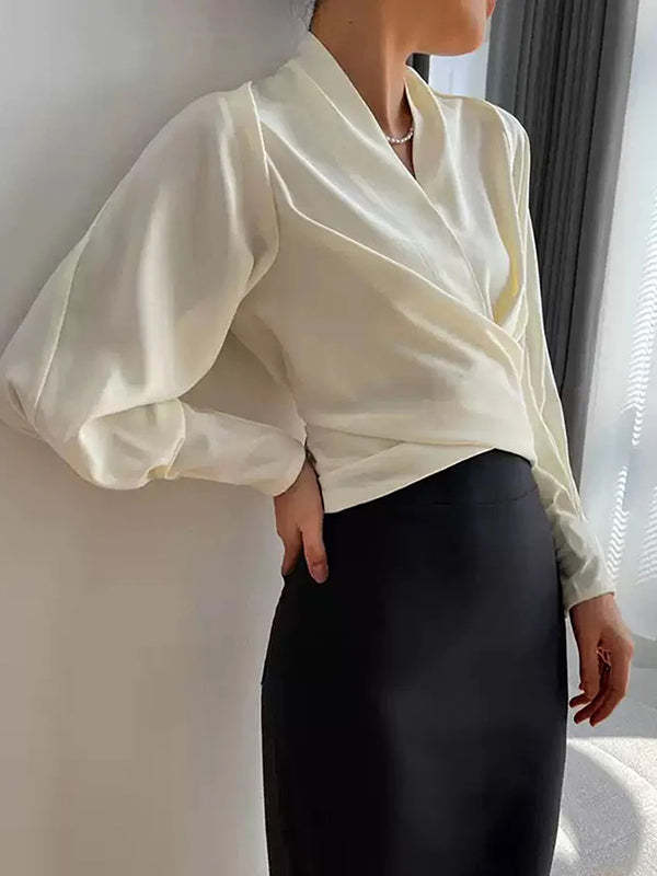 Long Sleeves Solid Color Zipper V-neck Blouses&shirts Tops