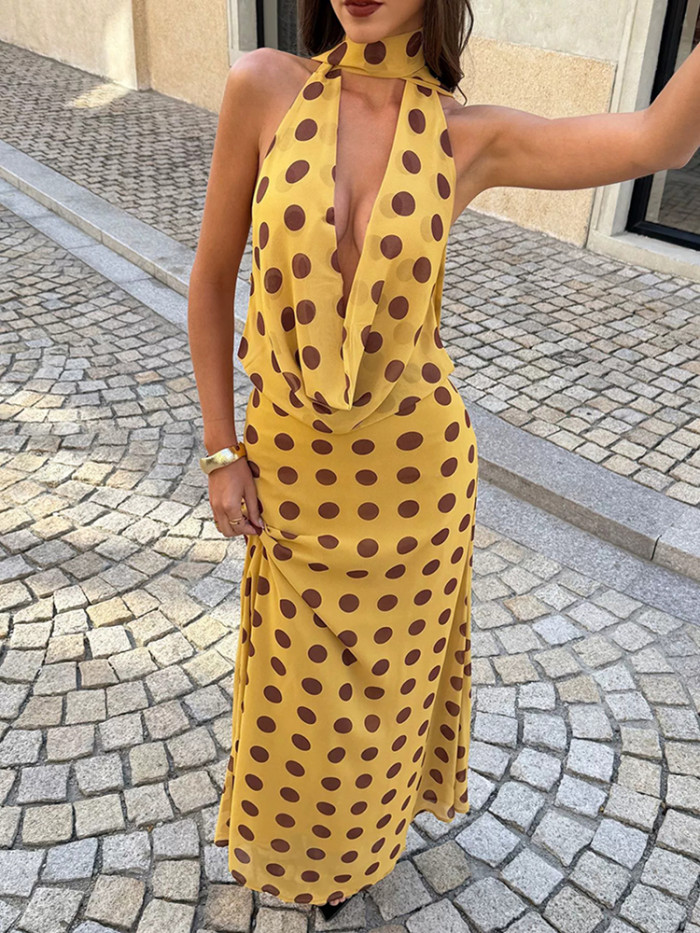 ✨ Elegant Deep V Neck Polka Dot Dress | Backless High Waist Beach Vacation Dress
