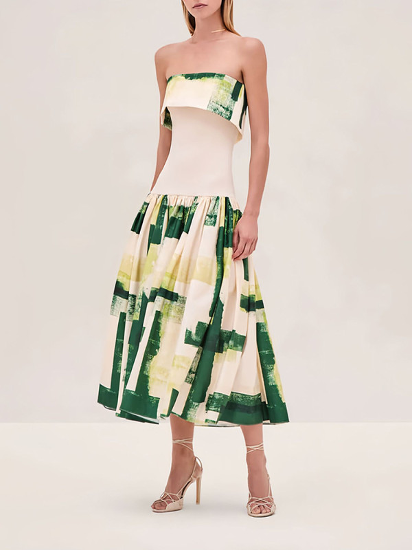 Fashion Slim Sleeveless Printed Evening Dress Elegant Lady Pleated Tube Top Party Dress Summer Lady Commute Backless Long Dress