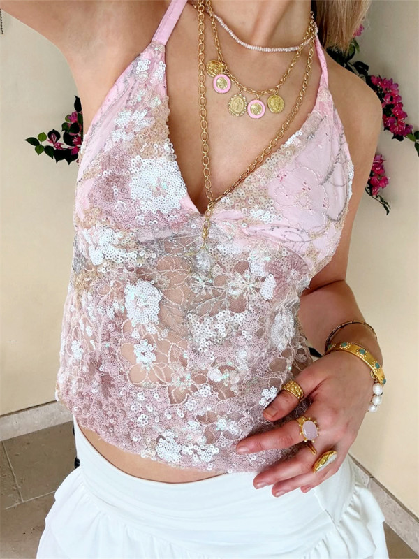 ✨ Sexy Floral Sequined Halter Backless Camisole | Summer Club Party Vest