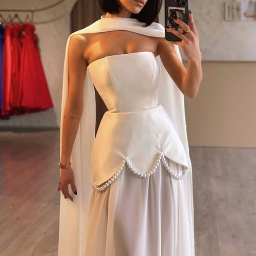 ✨ Elegant Beading Mesh Pleated Wedding Party Dress | Solid Color Slim Banquet Dress