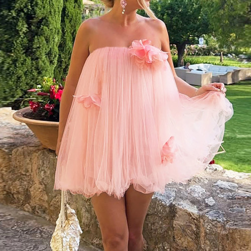 ✨ Pink Off Shoulder Ball Gown Mini Dress | Elegant Party Pleated Mesh Dress
