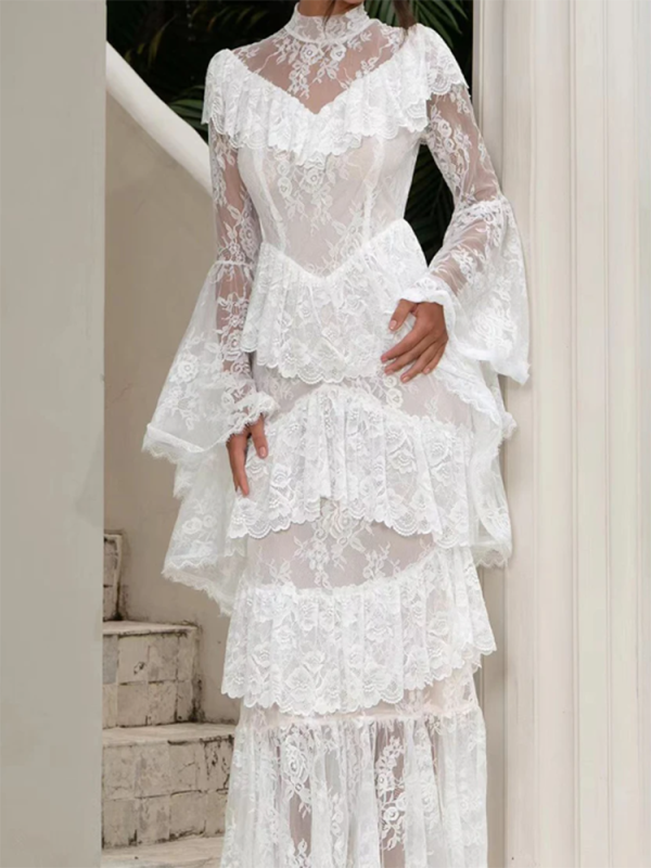 ✨ Luxury Lace Embroidery Ruched Evening Dress | High Waist Long Sleeve Birthday Party Prom Gown