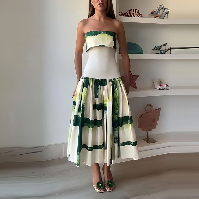 Fashion Slim Sleeveless Printed Evening Dress Elegant Lady Pleated Tube Top Party Dress Summer Lady Commute Backless Long Dress