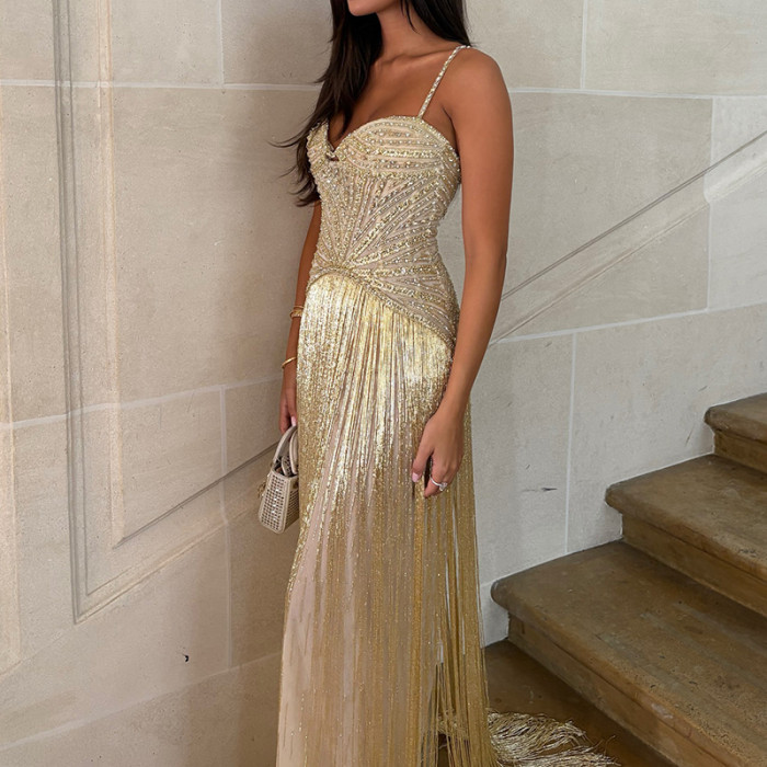 ✨ Elegant Halter High Waist Prom Gown | Luxury Rhinestone Tassel Sequin Evening Dress