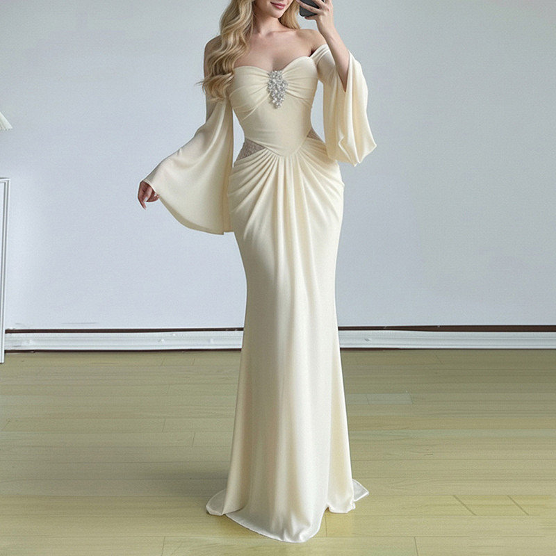 ✨ Elegant Slash Collar Flare Sleeve Pleated Maxi Dress | Sexy Slim Evening Party Gown