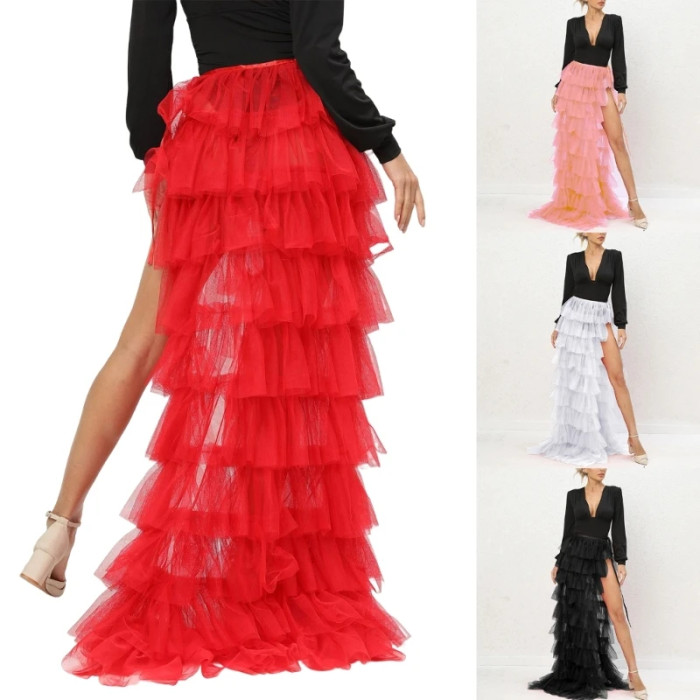 ✨ High Low Ruffles Tulle Skirt | Solid Mesh Irregular Train Party Overskirt