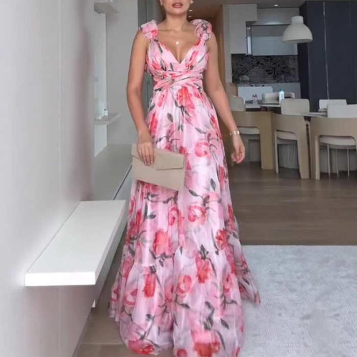 Sexy V Neck Hollow Draped Swing Dress Luxury Lady Sleeveless Backless Dress Spring Summer New Chiffon Ruffles Floral Print Dress