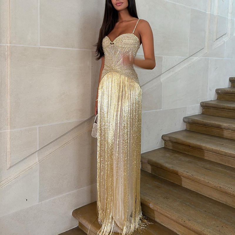 ✨ Elegant Halter High Waist Prom Gown | Luxury Rhinestone Tassel Sequin Evening Dress