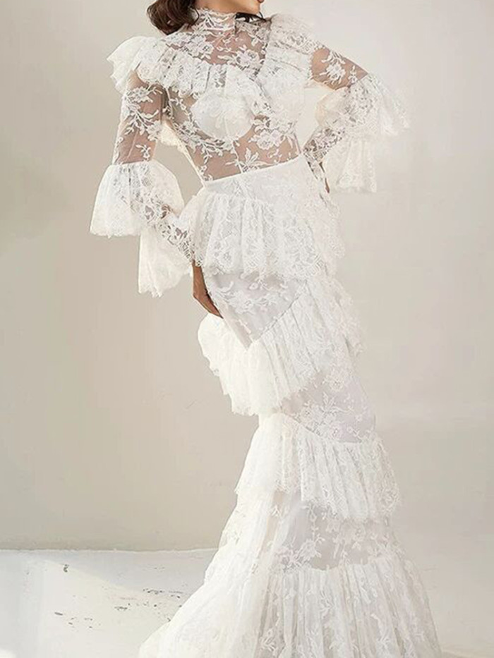 ✨ Luxury Lace Embroidery Ruched Evening Dress | High Waist Long Sleeve Birthday Party Prom Gown