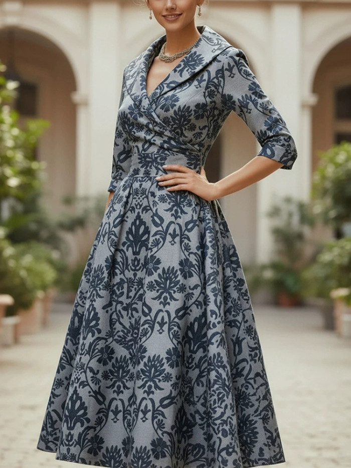 ✨ Vintage Print V-Neck Evening Dress | Elegant Half Sleeve High Waist Pleated Casual Commute Maxi Dress