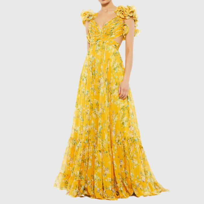 Sexy V Neck Hollow Draped Swing Dress Luxury Lady Sleeveless Backless Dress Spring Summer New Chiffon Ruffles Floral Print Dress