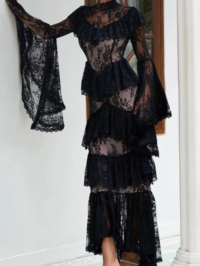 ✨ Luxury Lace Embroidery Ruched Evening Dress | High Waist Long Sleeve Birthday Party Prom Gown