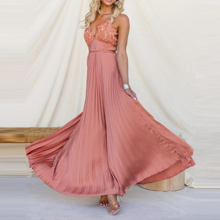 ✨ Lace Spliced Halter Backless Maxi Dress | Elegant High Waist Party Evening Dress