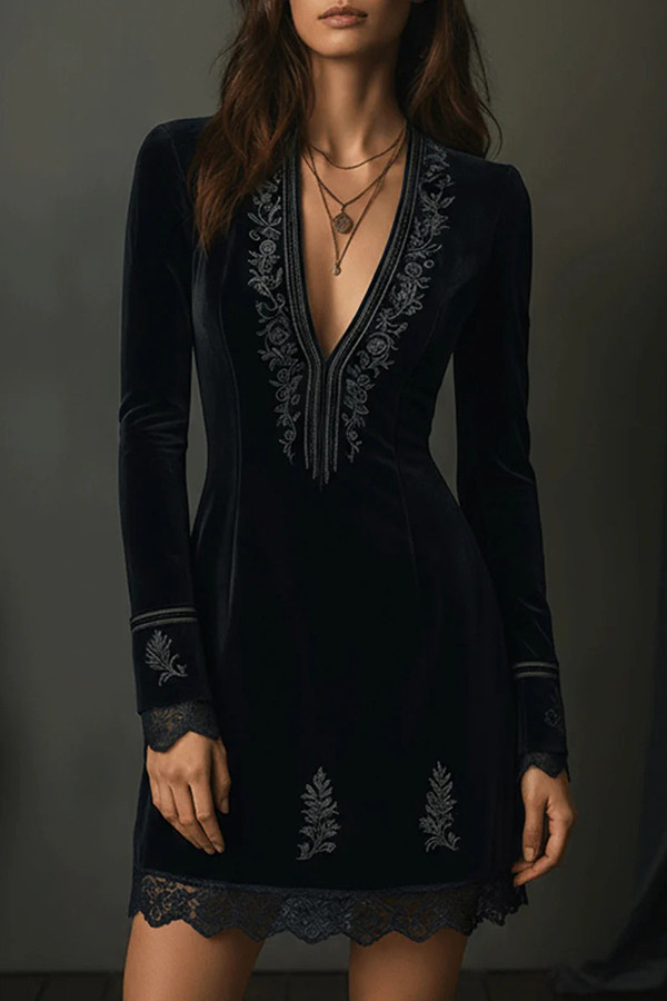 Fashionable Velvet V-neck Long-sleeved Lace-trimmed Mini Dress